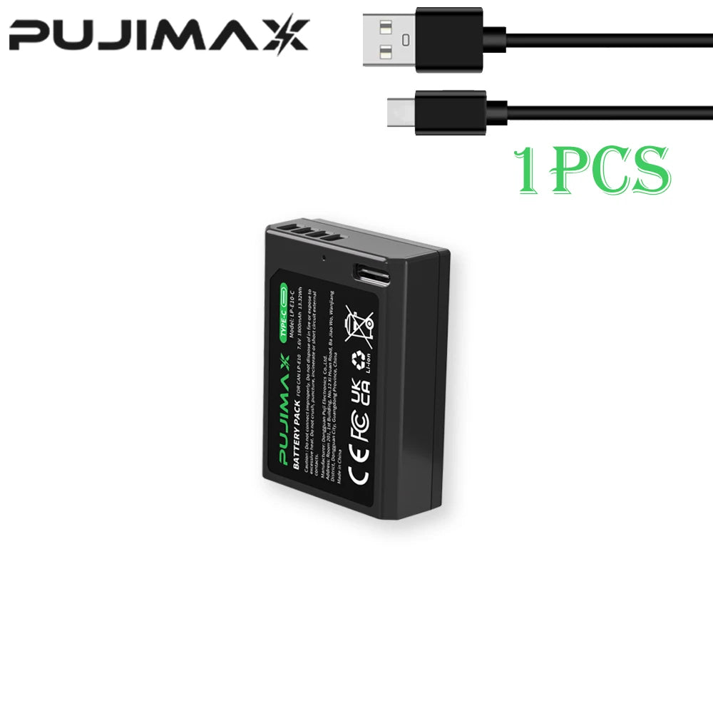 PUJIMAX New LP-E10 LPE10 LP E10 Battery With USB-C Charging Port for Canon EOS 1100D 1200D 4000D Kiss X50 X70 Rebel T3 T5 T6