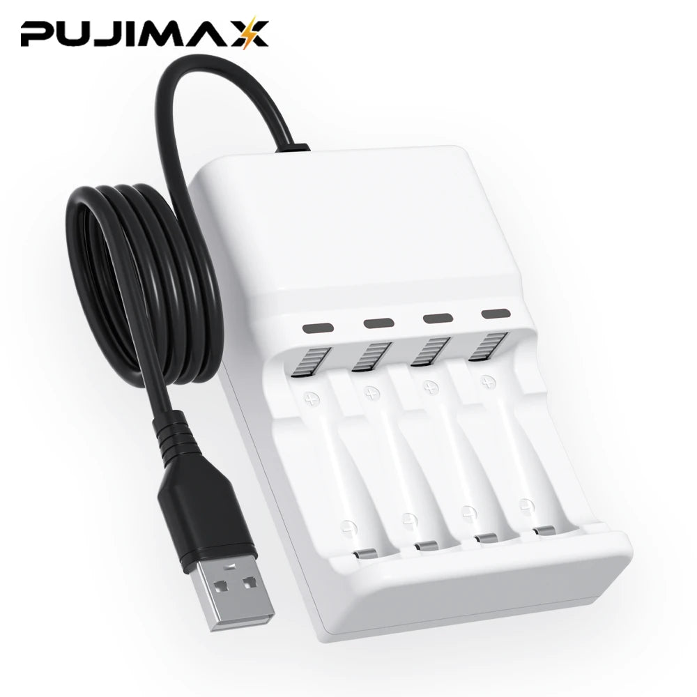 PUJIMAX AA AAA Battery Fast Charger USB Cable 4 Slot LED Display Smart Battery Charger for 1.2V Ni-HM/Ni-Cd Rechargeable Battery