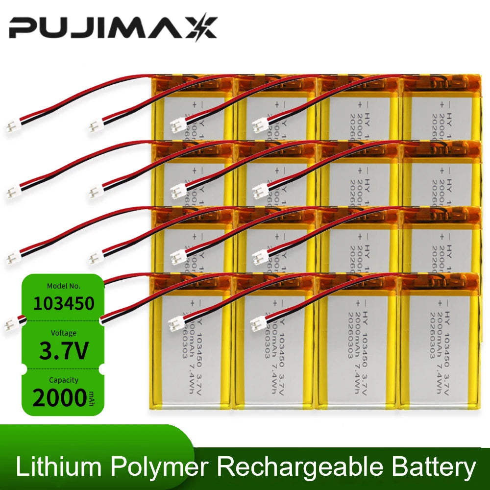 PUJIMAX 103450 3.7V 2000mAh Polymer Lithium Rechargeable Battery with PH 2.0mm 2pin plug for GPS navigator MP5 Bluetooth Headset