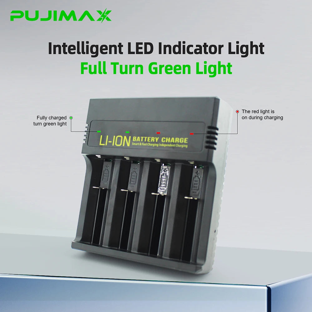 PUJIMAX 2/4 Slots Battery Charger for 3.7V 18650,21700,20700,26650,14500,16340 Li-Ion Batteries Short Circuit Pratection Charger