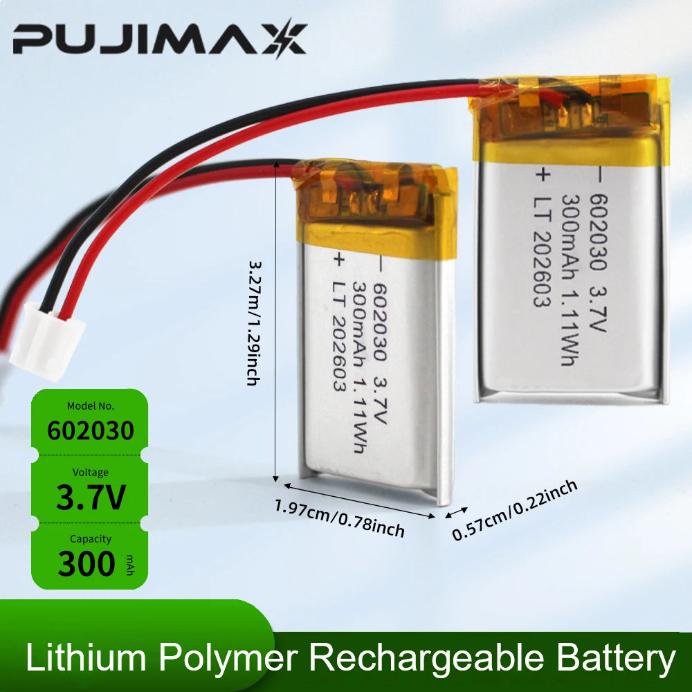 PUJIMAX 602030 300mAh Lithium Rechargeable Battery 3.7V Li-ion Polymer Battery for Bluetooth Headset Speaker Monitor Self-Timer