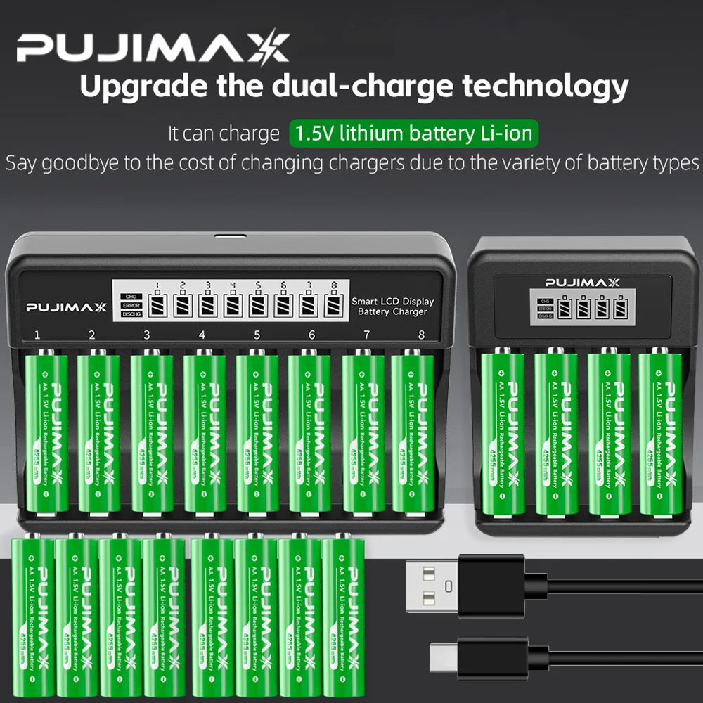 PUJIMAX Rechargeable Li-ion Battery 1.5V AA 4255mWh AAA 1100mWh+Charger for Clock Radio Video Game Digital Camera AA AAA Battery