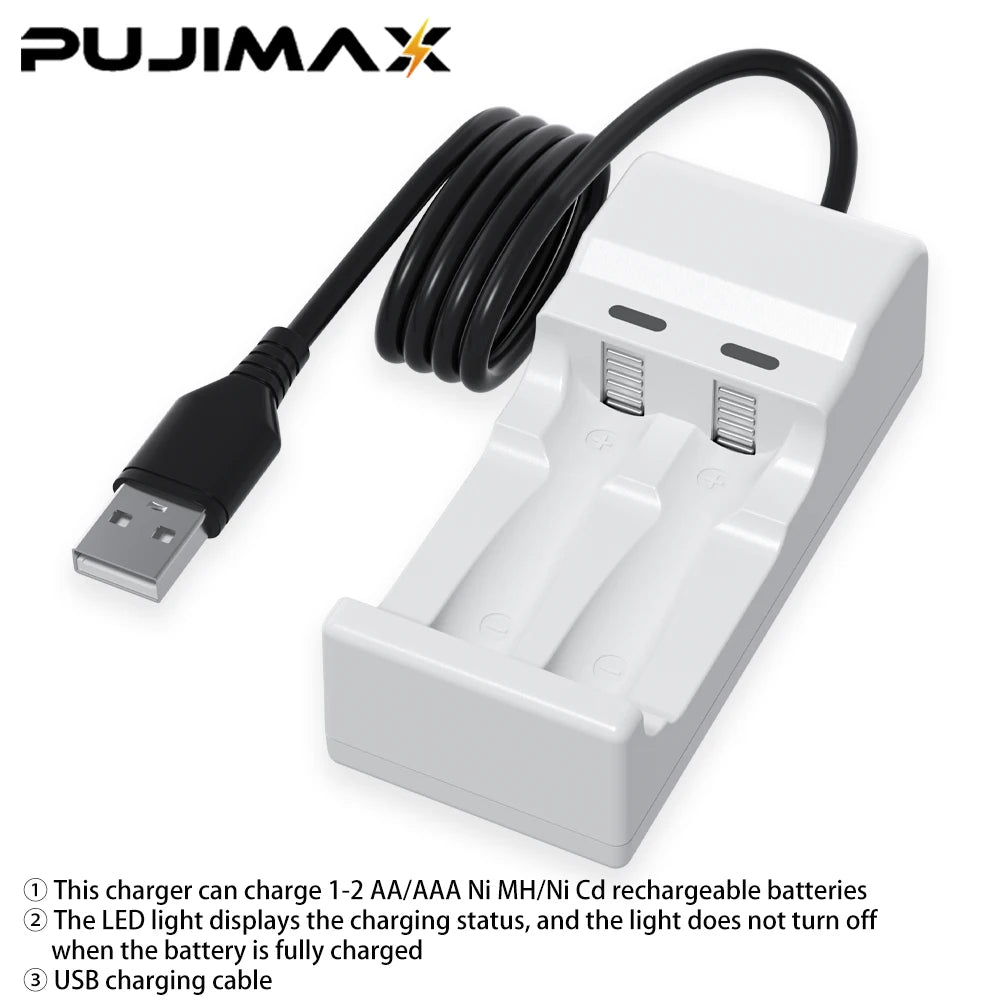 PUJIMAX 1.2V Ni-MH Battery Charger 2Slot Intelligent LED Indicator USB Cable Charger for Ni-MH/Ni-Cd Rechargeable AA/AAA Battery