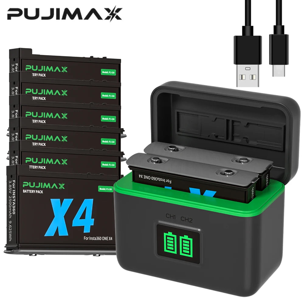 PUJIMAX 2500mAh High Capacity Battery For Insta360 X4 Battery+Fast Charging Case Storage Box For Insta 360 ONE X 4 Accessories