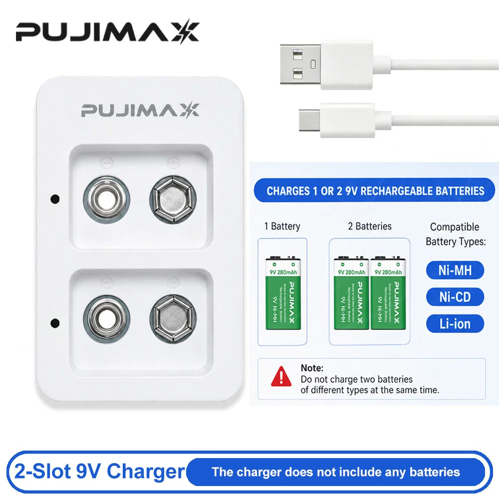 PUJIMAX 2 Slots Smart Fast Battery Charger With LED Indicators USB Cable For 9V Ni-MH/Ni-Cd/Li-ion Rechargeable Batteries