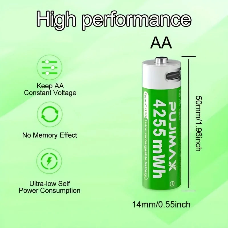 PUJIMAX 4255mWh AA 1.5V Rechargeable Lithium Battery High Capacity 1500 Cycles For Remote Controls Drones Scales Large Capacity