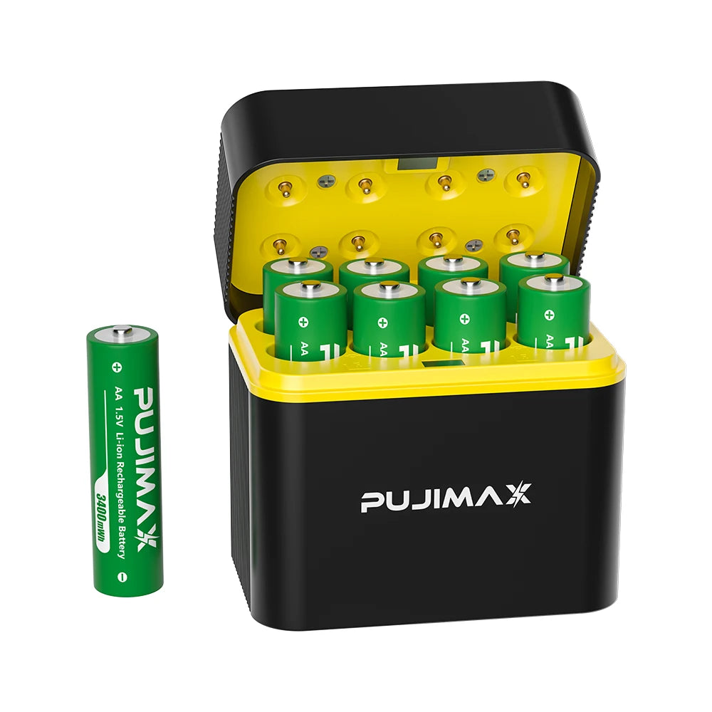 PUJIMAX 8-Slot AA 1.5V Rechargeable Battery Charger High Capacity 3400mWh Battery Fast Charging Durable Charging Case Batteries