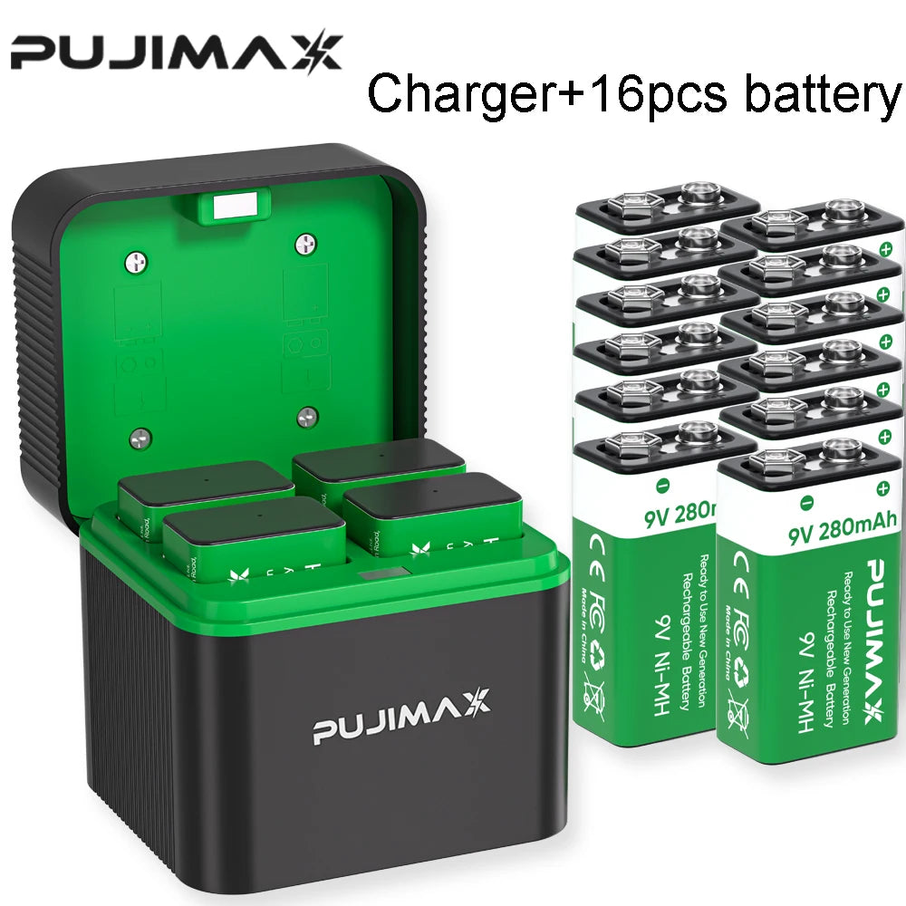 PUJIMAX 9V Ni-MH Rechargable Battery with 4-Slots Charger 280mAh Batteries for Guitar Microphone Smoke Detector Multimeter