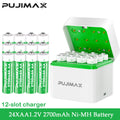PUJIMAX 12-Slots Smart Battery Charger AA 12PCS 1.2V Ni-MH Batteries Rechargeable Battery Set Charger Independent Fast Charging