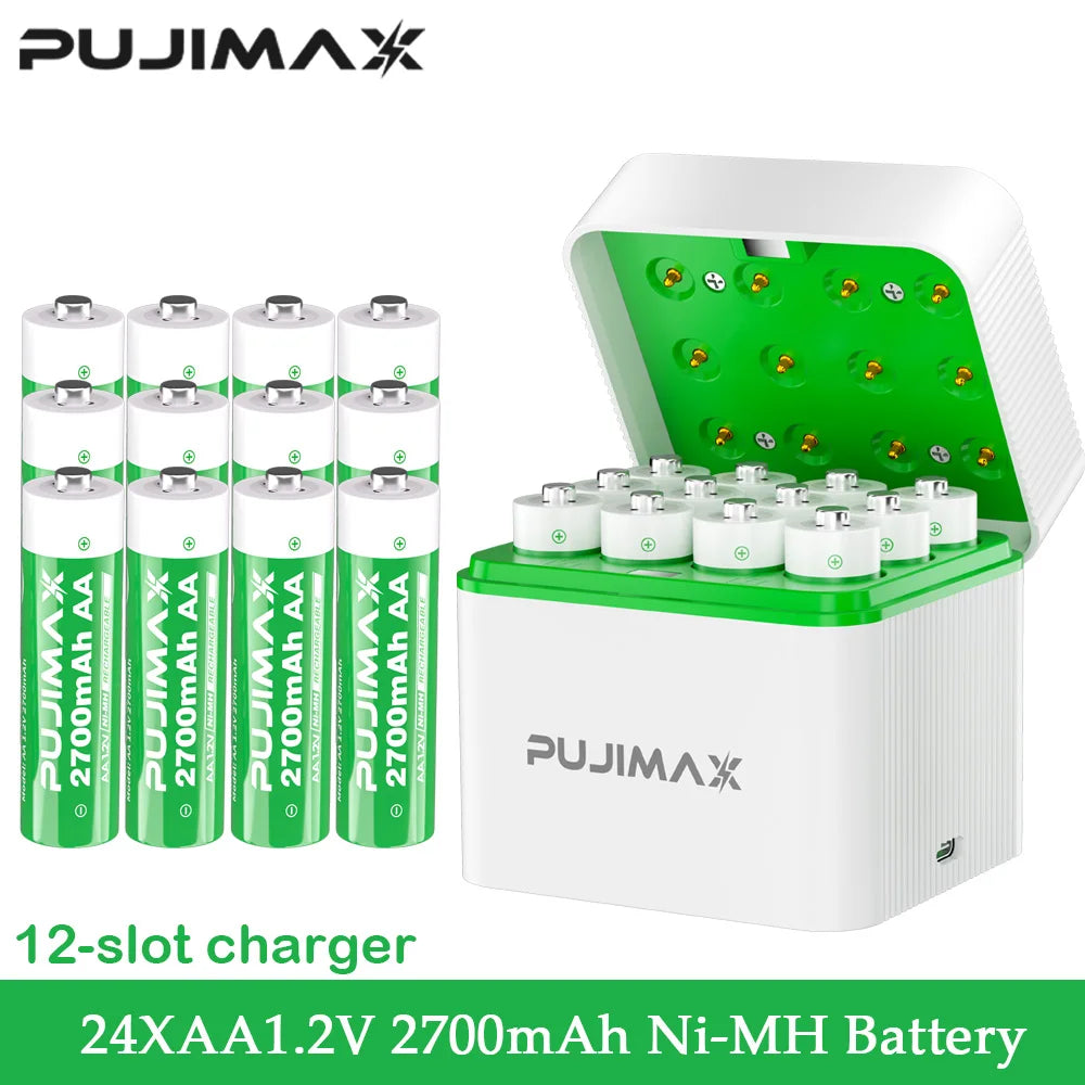 PUJIMAX 12-Slots Smart Battery Charger AA 12PCS 1.2V Ni-MH Batteries Rechargeable Battery Set Charger Independent Fast Charging