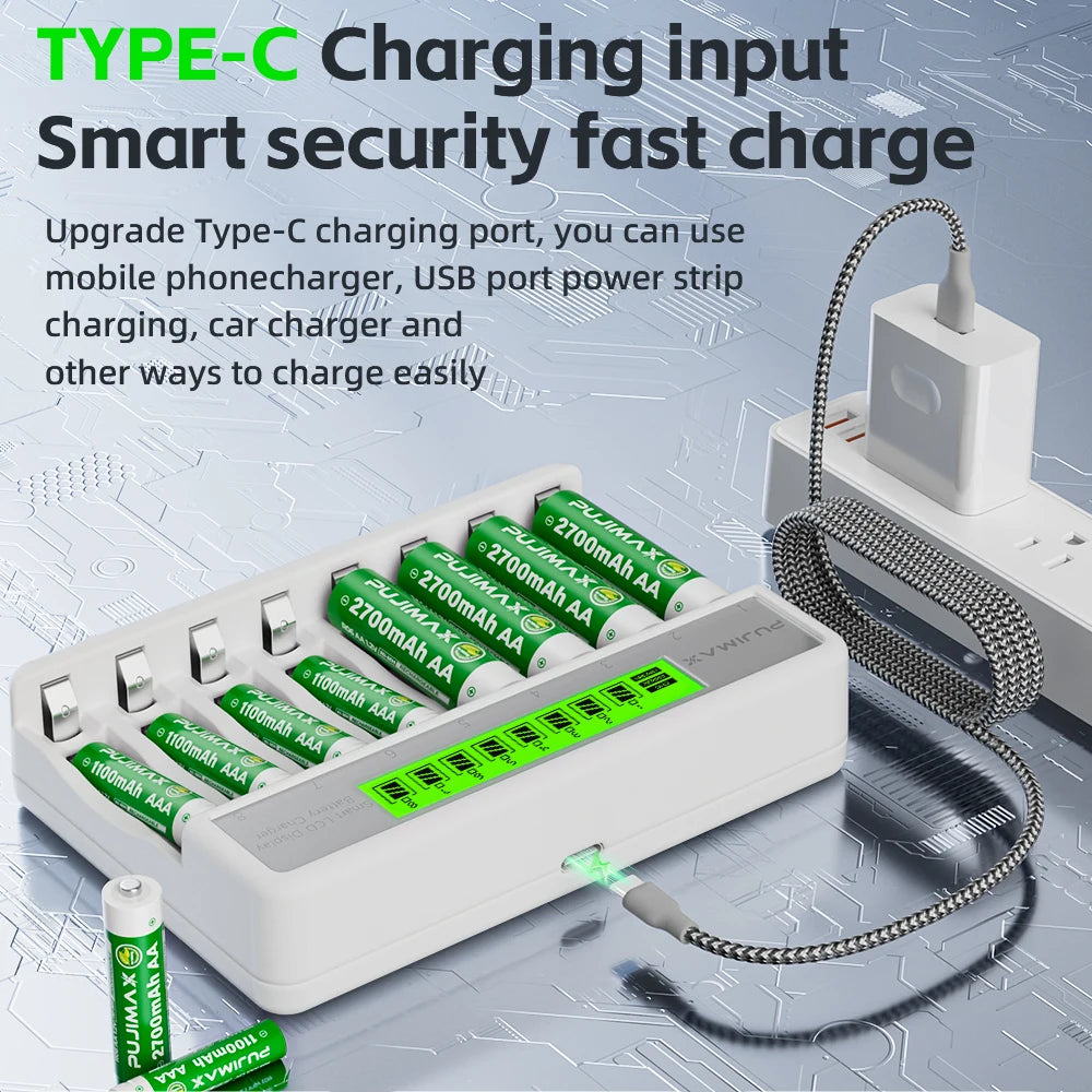 PUJIMAX Smart LCD Display 1.2V Fast Charger For 1.2V AA/AAA Ni-MH Ni-Cd 1100mAh 2700mAh Batteries 8-Slot Intelligent Charger
