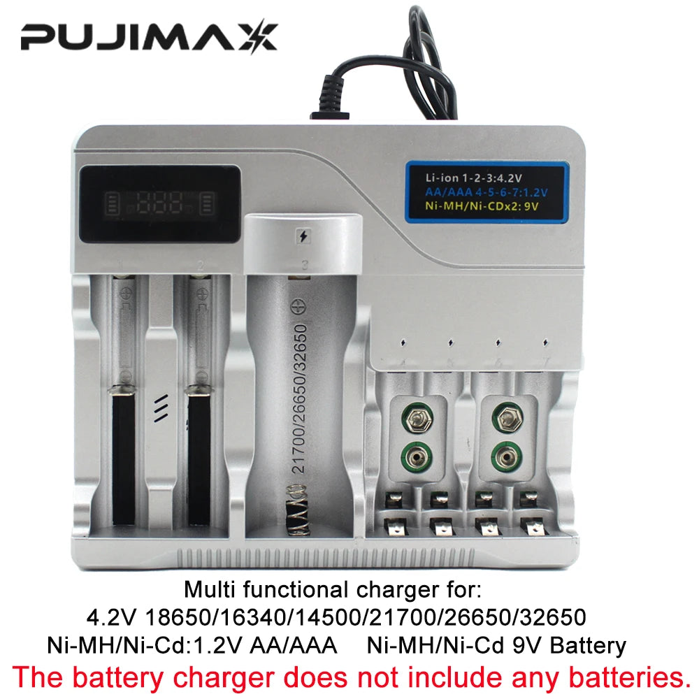 PUJIMAX Intelligent Battery Charger for 4.2V 18650/16340/14500/21700/26650/32650 Battery and 1.2V Ni-MH/Ni-Cd AA AAA 9V Battery