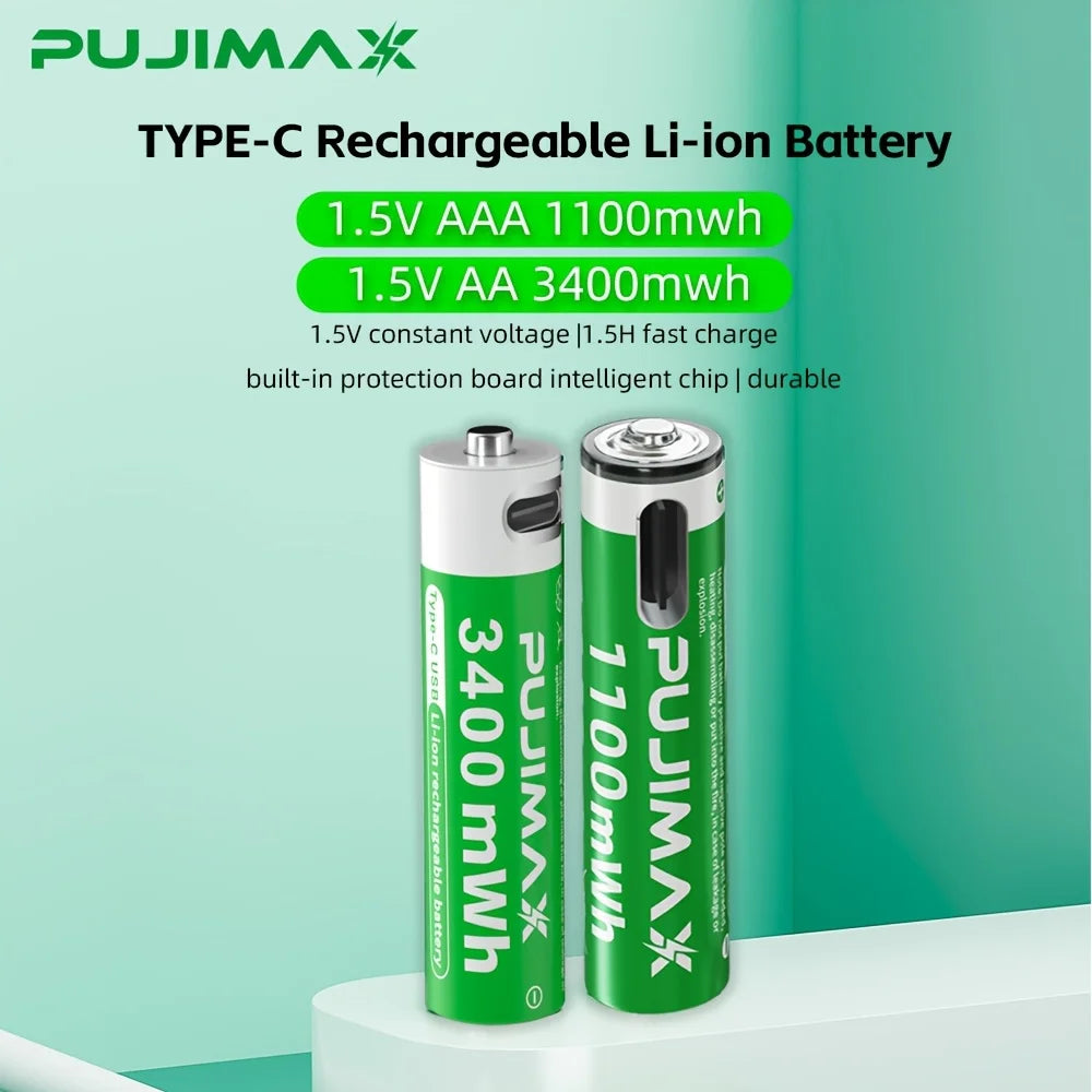 PUJIMAX 1.5V AA&AAA Rechargeable Lithium Battery 3400mWh/1100mWh, Type-C Port Charging Be Reused 1500 Times For Alarm Clocks