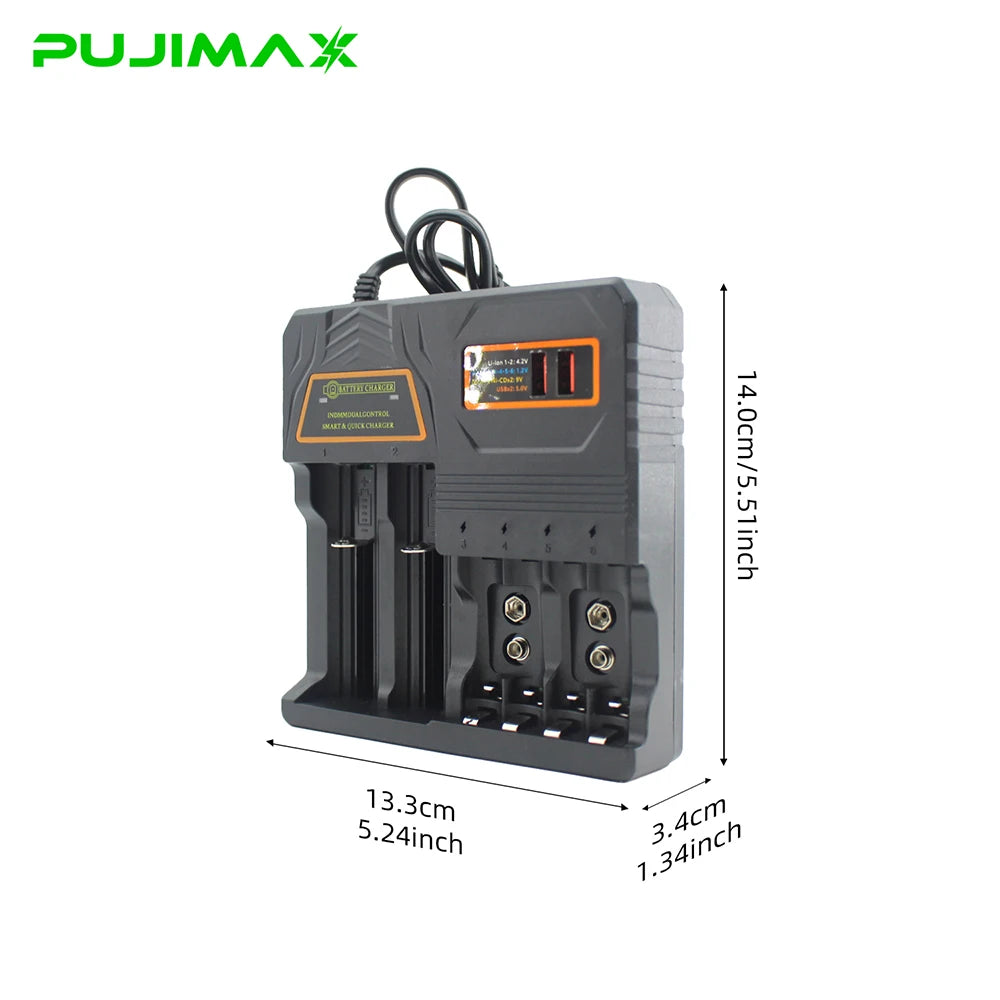PUJIMAX Battery Charger for 4.2V 18650/16340/14500/21700/26650/32650 Battery 1.2V Ni-MH/Ni-Cd AA AAA 9V Smart Battery Charger