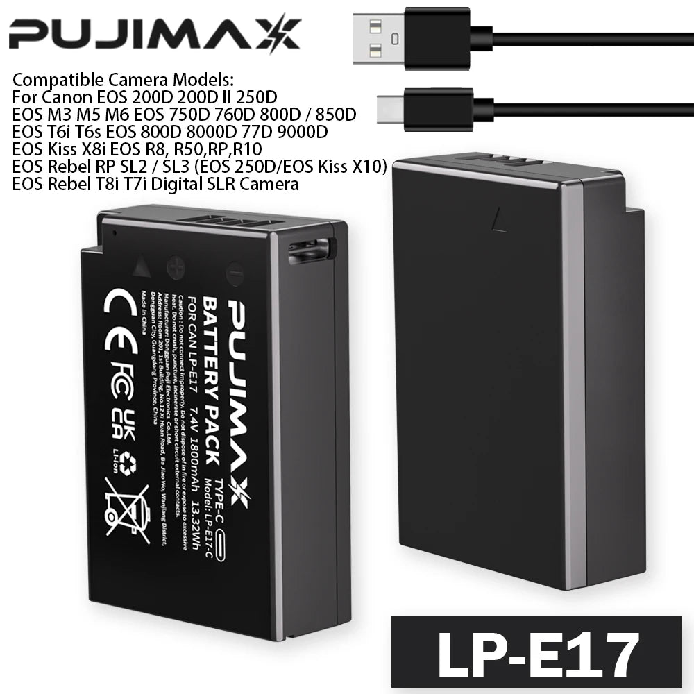 PUJIMAX 1800mAh LPE17 LP E17 LP-E17 Battery with USB-C Input for Canon EOS RP 200 250D M3 M5 M6 750D 760D T6i T6s 800D 8000D 77D