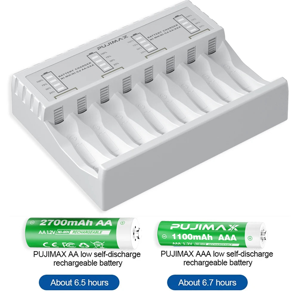 PUJIMAX 8-slot Battery Charger for AAA/AA Rechargeable Battery Short Circuit Protection LED Display 1.2V Ni-MH/Ni-Cd Charger