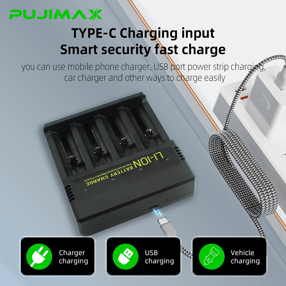 PUJIMAX 2/4 Slots Battery Charger for 3.7V 18650,21700,20700,26650,14500,16340 Li-Ion Batteries Short Circuit Pratection Charger