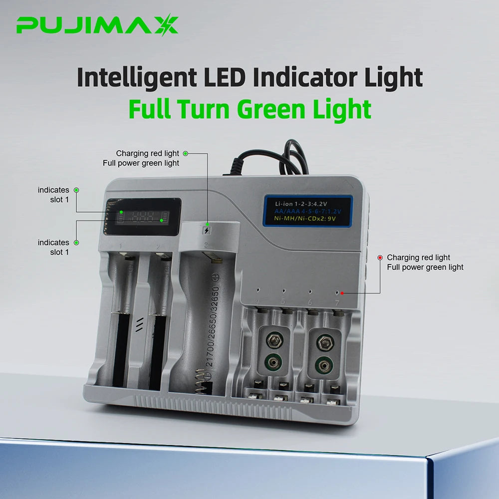 PUJIMAX Intelligent Battery Charger for 4.2V 18650/16340/14500/21700/26650/32650 Battery and 1.2V Ni-MH/Ni-Cd AA AAA 9V Battery