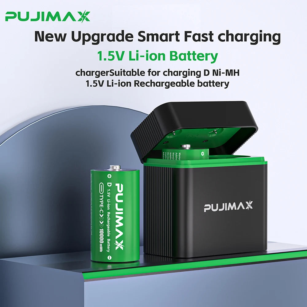 PUJIMAX 1.5V LR20 10000mWh D Size Batteries with Charger Rechargeable Lithium Battery For Flashlight Gas stoves Water Heaters