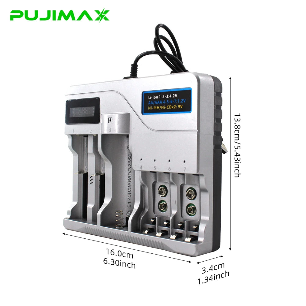 PUJIMAX Intelligent Battery Charger for 4.2V 18650/16340/14500/21700/26650/32650 Battery and 1.2V Ni-MH/Ni-Cd AA AAA 9V Battery