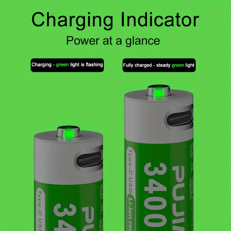 PUJIMAX 3400mwh+1100mWh Rechargeable Lithium  Batteries with Type-C Charging Power Remote ControlsType-C Data Cable for Charging