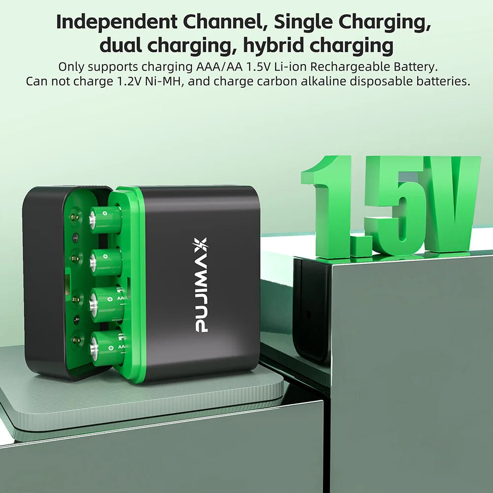 PUJIMAX Battery Smart Charger For 4-Slots1.5V AAA/AA 1100mWh 4255mWh  Rechargeable Lithium Batteries Intelligent Fast  Charger