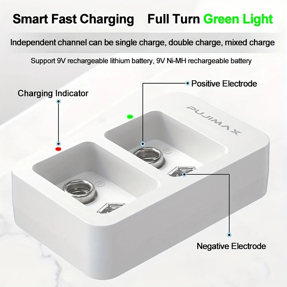 PUJIMAX 2 Slots Smart Fast Battery Charger With LED Indicators USB Cable For 9V Ni-MH/Ni-Cd/Li-ion Rechargeable Batteries
