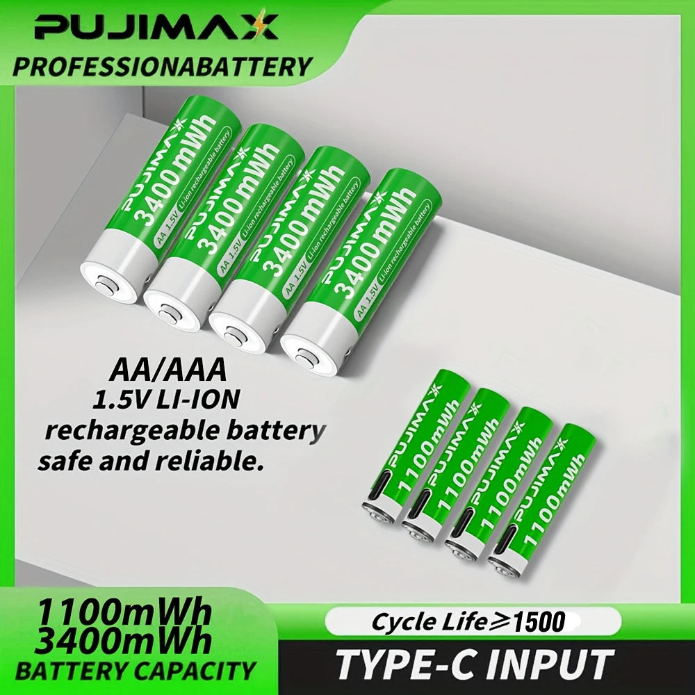PUJIMAX 1.5V AA&AAA Rechargeable Lithium Battery 3400mWh/1100mWh, Type-C Port Charging Be Reused 1500 Times For Alarm Clocks