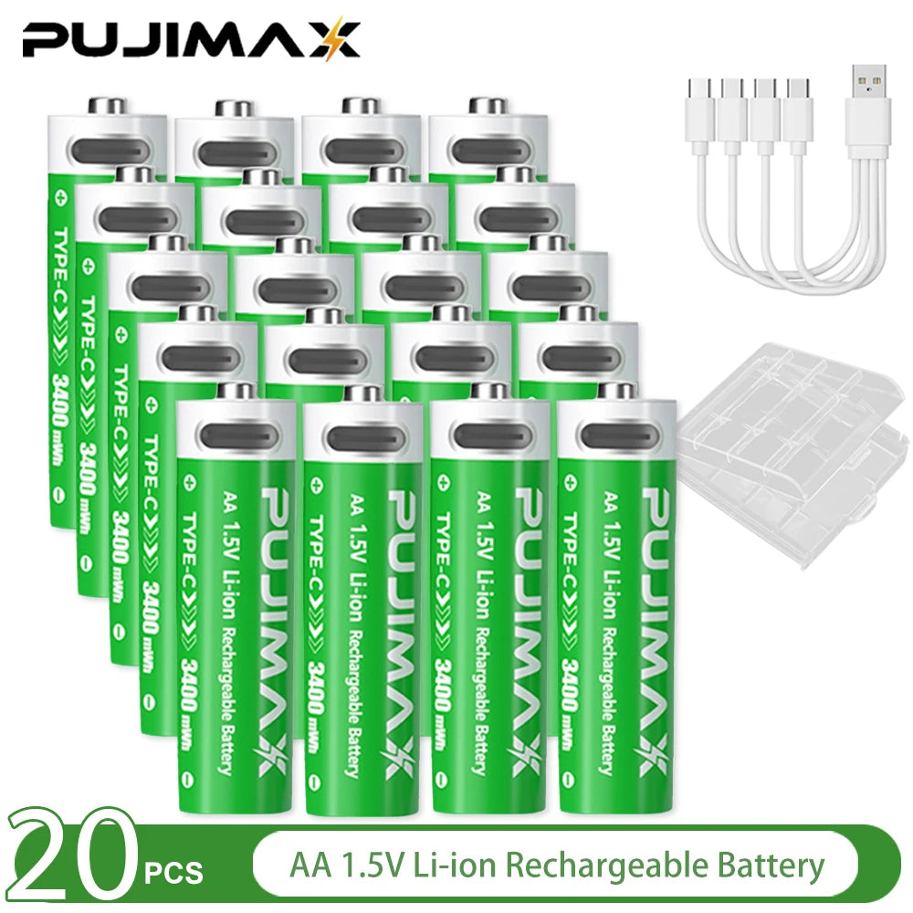 PUJIMAX 3400mwh+1100mWh Rechargeable Lithium  Batteries with Type-C Charging Power Remote ControlsType-C Data Cable for Charging