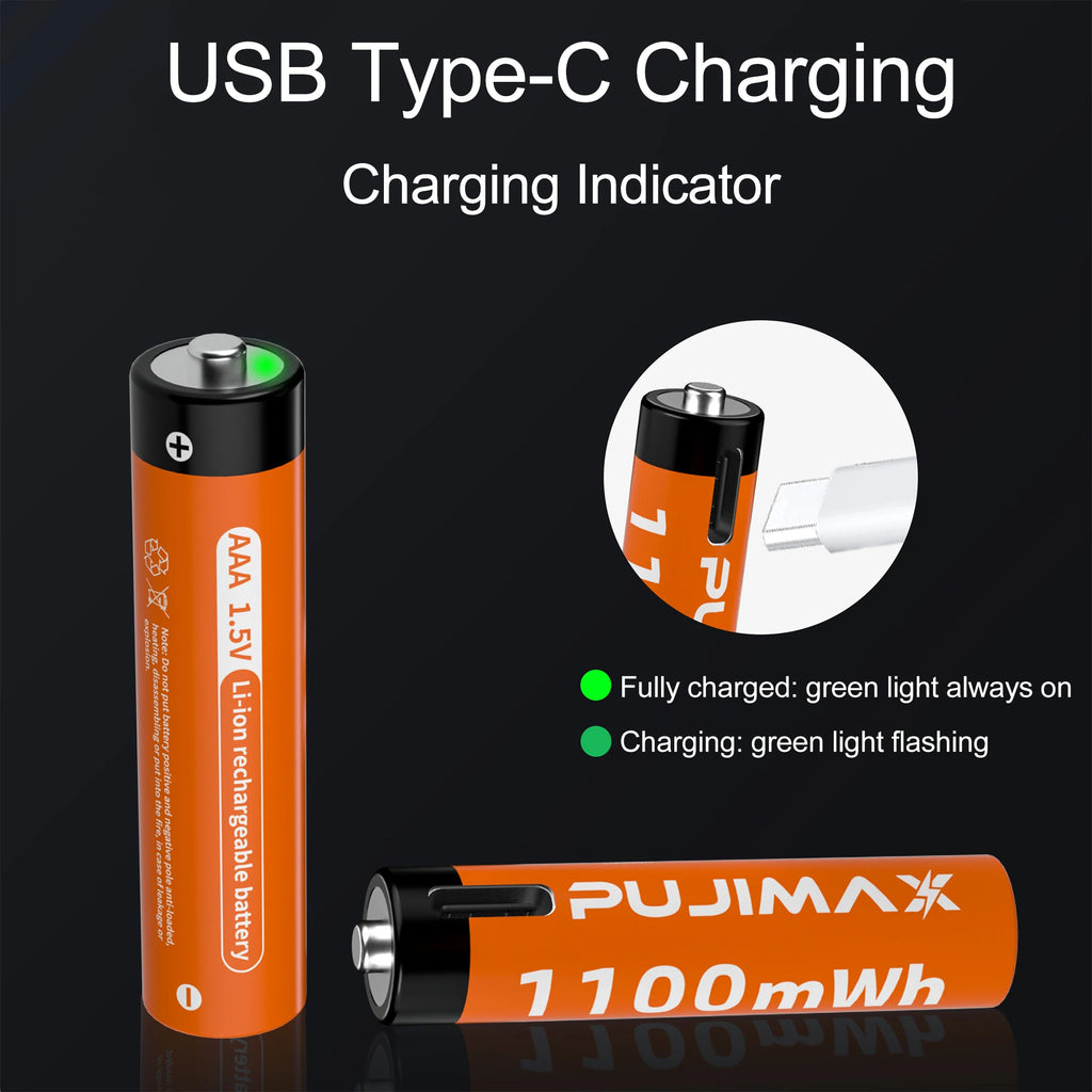 PUJIMAX New AAA 1.5V Rechargeable Battery 1100mWh Real Capacity Lithium Battery USB Type C Li-ion Batteries For Alarm Clock