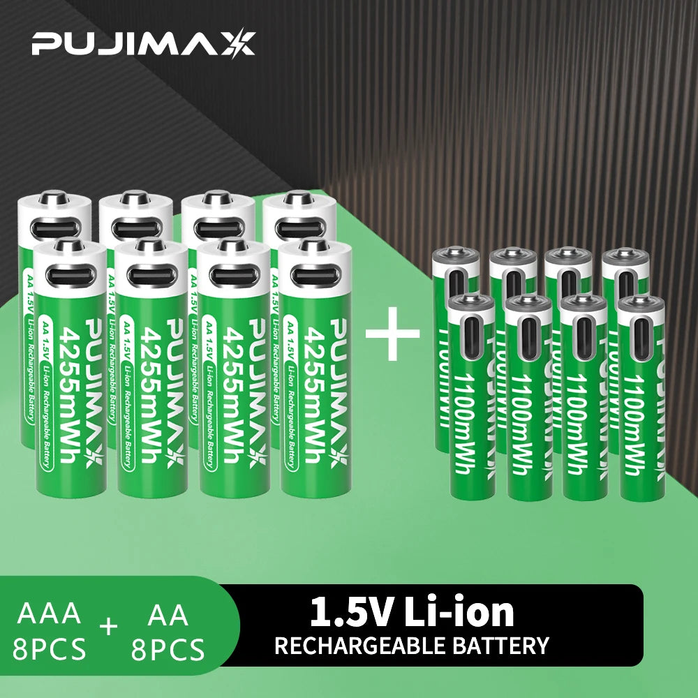 PUJIMAX 1.5V AAA/AA 3400mWh 1100mWh Rechargeable Battery USB Type-C Rechargeable Li-ion Battery For Remote Control Electric Toys