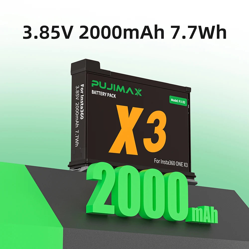 PUJIMAX High Capacity 2000mAh Battery For Insta360 X3 Camera+2-Slot LED fast charger For Insta360 ONE X3 Action Camera Accessory