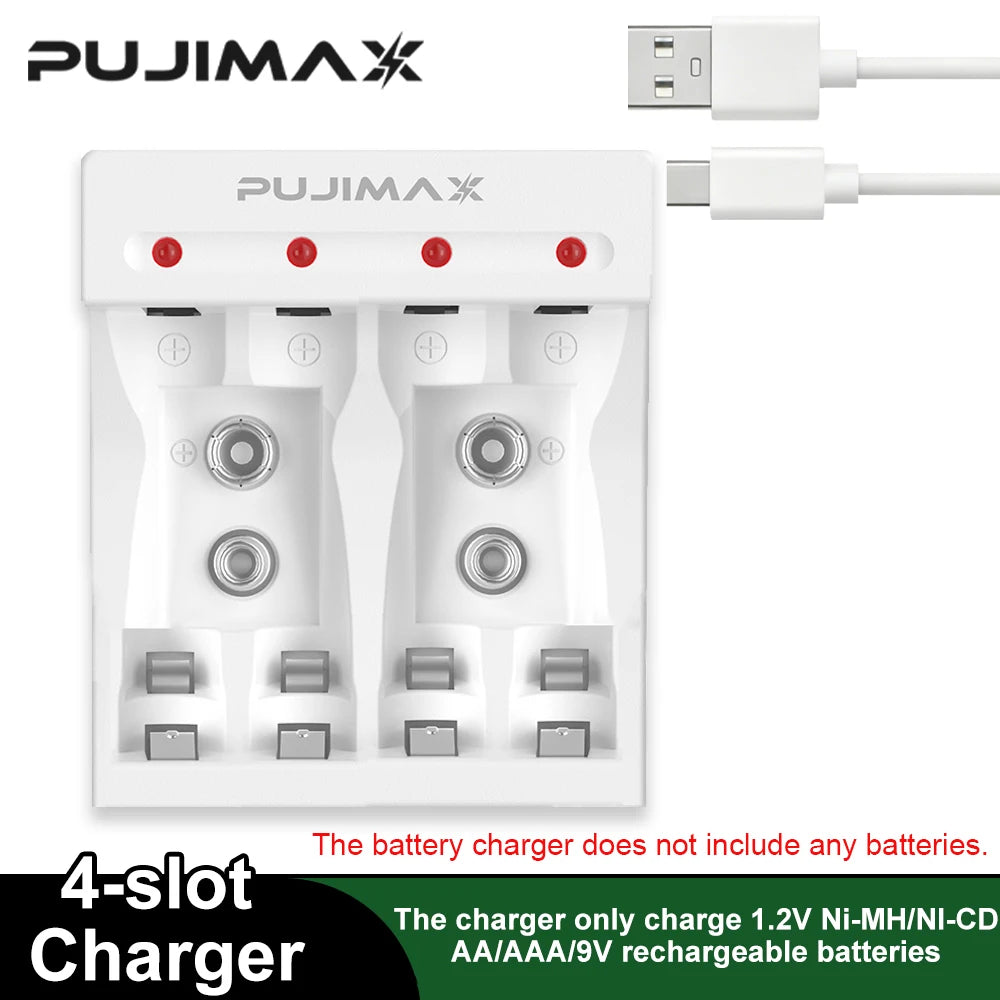 PUJIMAX  9V/AA/AAA Battery Charger For NI-MH /NI-CD AA AAA 1.2V Rechargeable Battery 4 Slots 9V Ni-MH Indicator Battery Charger