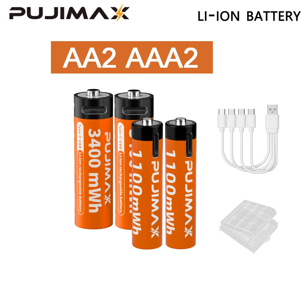 PUJIMAX 1.5V AA&AAA Rechargeable Lithium Battery 3400mWh/1100mWh, Type-C Port Charging Be Reused 1500 Times For Alarm Clocks