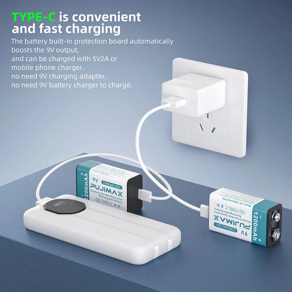 PUJIMAX USB 9V Rechargeable Battery 1200mAh Type-C Rechargeable 9V Li-ion Battery for Helicopeter Model Multimeter Smoke Alarm