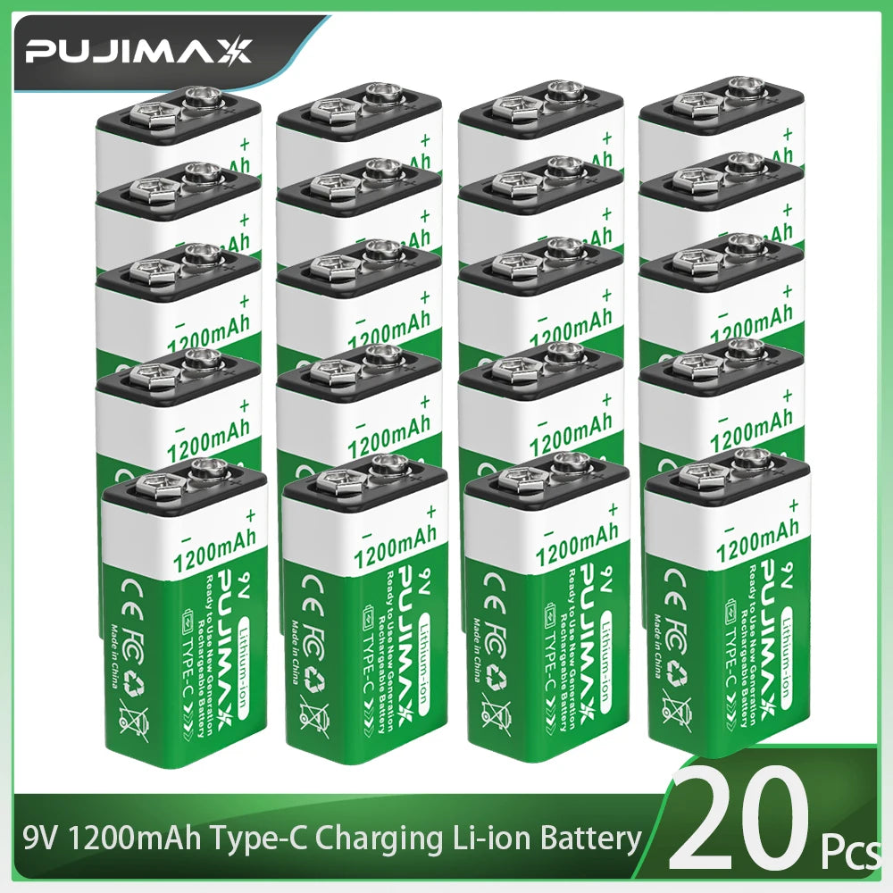 PUJIMAX 9V Rechargeable Lithium Battery 1200mAh with Type-C USB Rechargeable Batteries 6F22 for Multimeter Microphone Toy Guitar