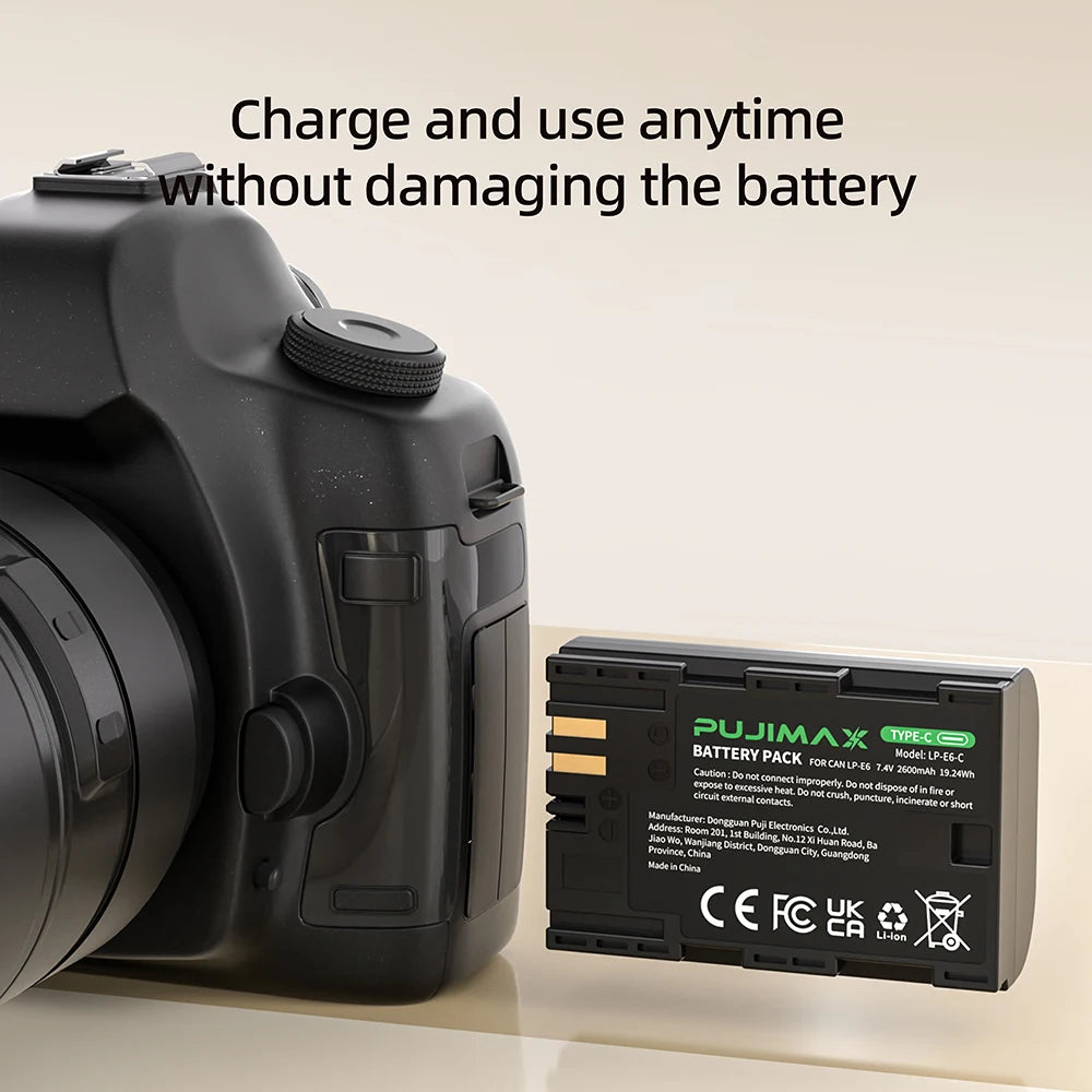 PUJIMAX 2600mAh LP-E6NH LP E6NH LP E6 LP-E6 Battery with Type-C Input For Canon R7 R5 R6 R 5D IV/III/II 6D 6D II 7D 7D II 60D