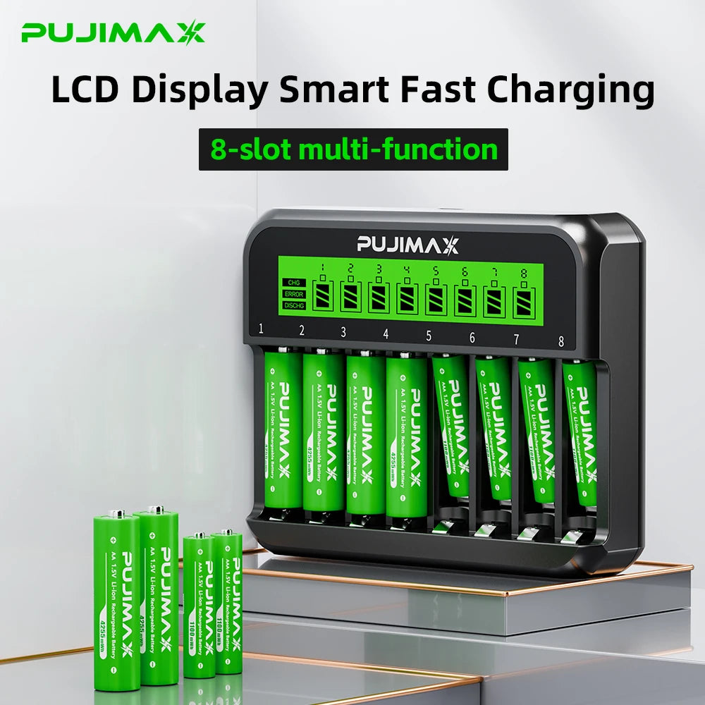 PUJIMAX 1.5V 4255mWh 1100mWh High Capacity Lithium Battery Cells Lithium And Charger Set 8-Slot LED Smart Dimmable Charger