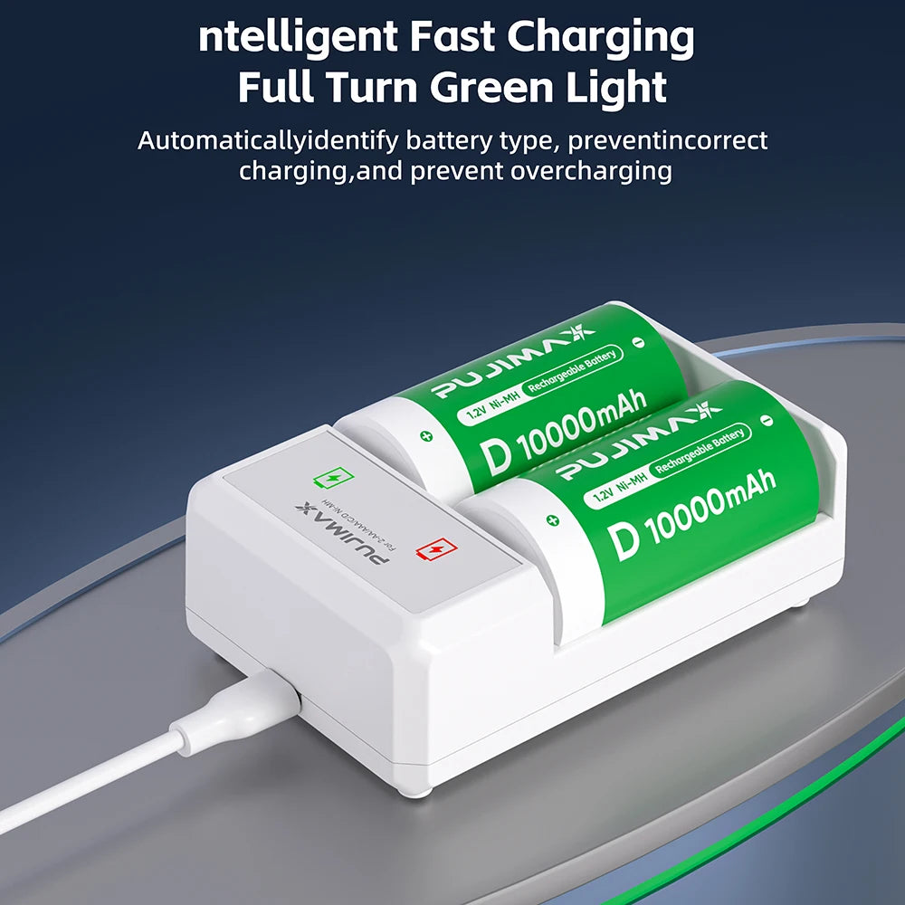 PUJIAMX AA/AAA/C/D Battery Charger for 1.2V NI-MH Rechargeable Batteries LCD Display Fast Charging Tool with USB Type C Cable