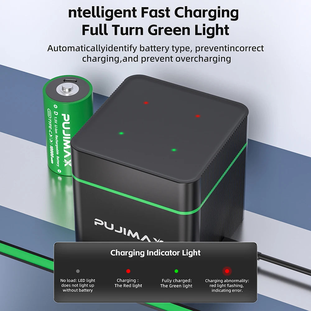 PUJIMAX 10000mWh Rechargeable D Size Batteries 4-slot Charger LR20 Li-ion 1.5V Battery for Gas Appliances Liquefied Gas Cooker