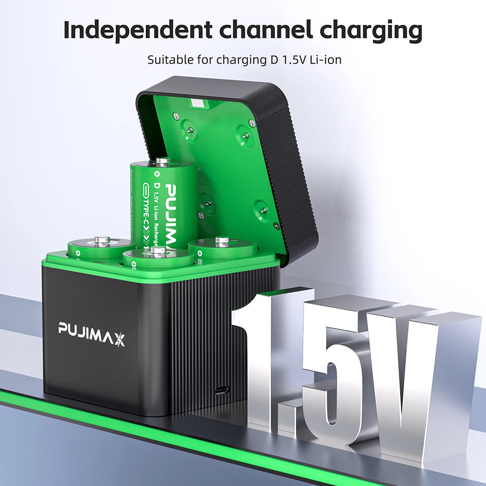 PUJIMAX 10000mWh Rechargeable D Size Batteries 4-slot Charger LR20 Li-ion 1.5V Battery for Gas Appliances Liquefied Gas Cooker