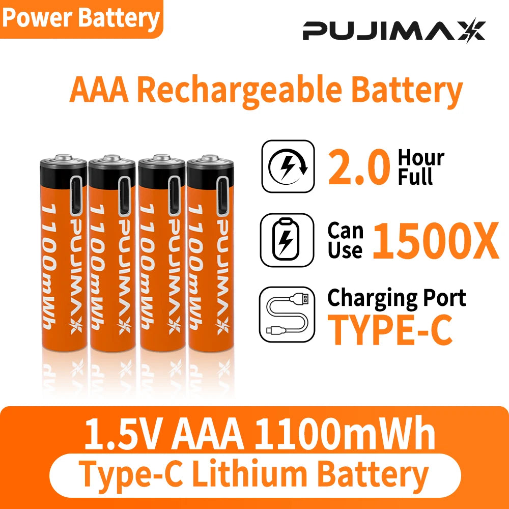 PUJIMAX 1.5V AAA 1100mWh Li-ion Rechargeable Battery High Capacity Lithium Battery USB Type C Li-ion Batteries For Alarm Clock