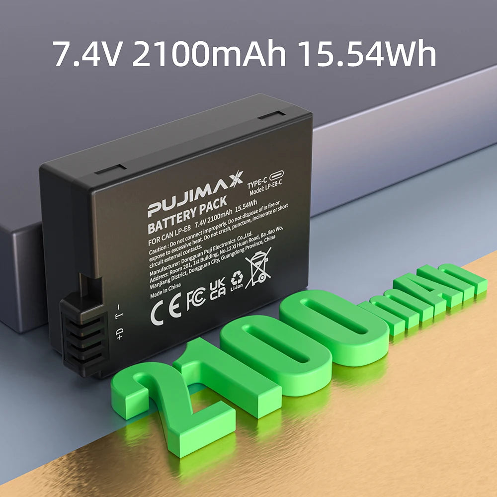 PUJIMAX 2100mAh LP-E8 LP E8 LPE8 Rechargeable Camera Battery with USB-C Input Canon EOS 550D 600D 650D 700D Rebel T2i T3i T4i T5