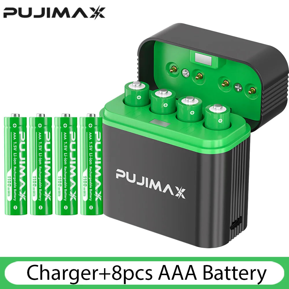 PUJIMAX AAA Rechargeable lithium Battery 1.5V With Charging Case 1100mWh Large Capacity Compatiable For Gamepad, GPS, Toys