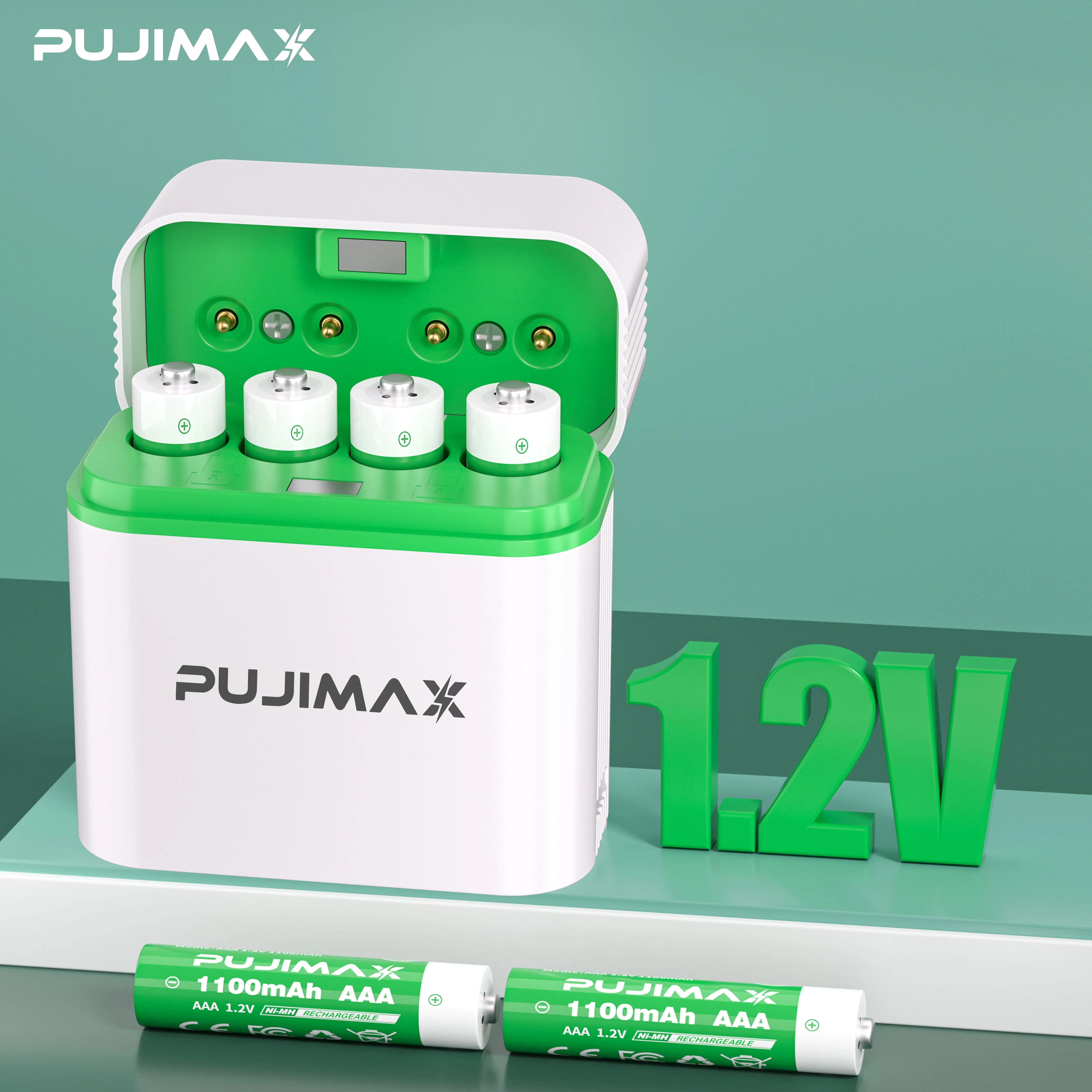 PUJIMAX 1.2V AAA 4-Slot Smart Flip Cover Charging Bin Type C Port Lithium Battery 1100mAh  Battery Charger High-Performance