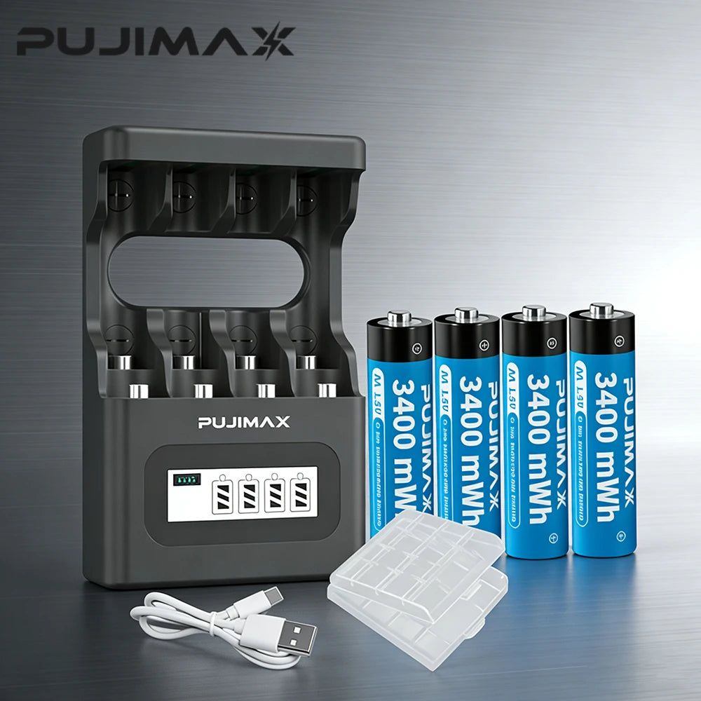 PUJIMAX Rechargeable Battery 1.5V AA 3400mWh AAA 1100mWh Lithium-ion Battery+Charger for Clock Radio Video Game Digital Camera