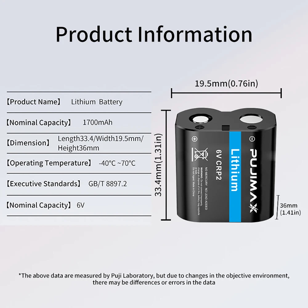 PUJIMAX CR-P2 CR P2 CRP2 2CP4306 DL223A EL223A 6V Li-Ion Battery For Digital Camera Infrared Sensor Faucet Sens Primary Battery