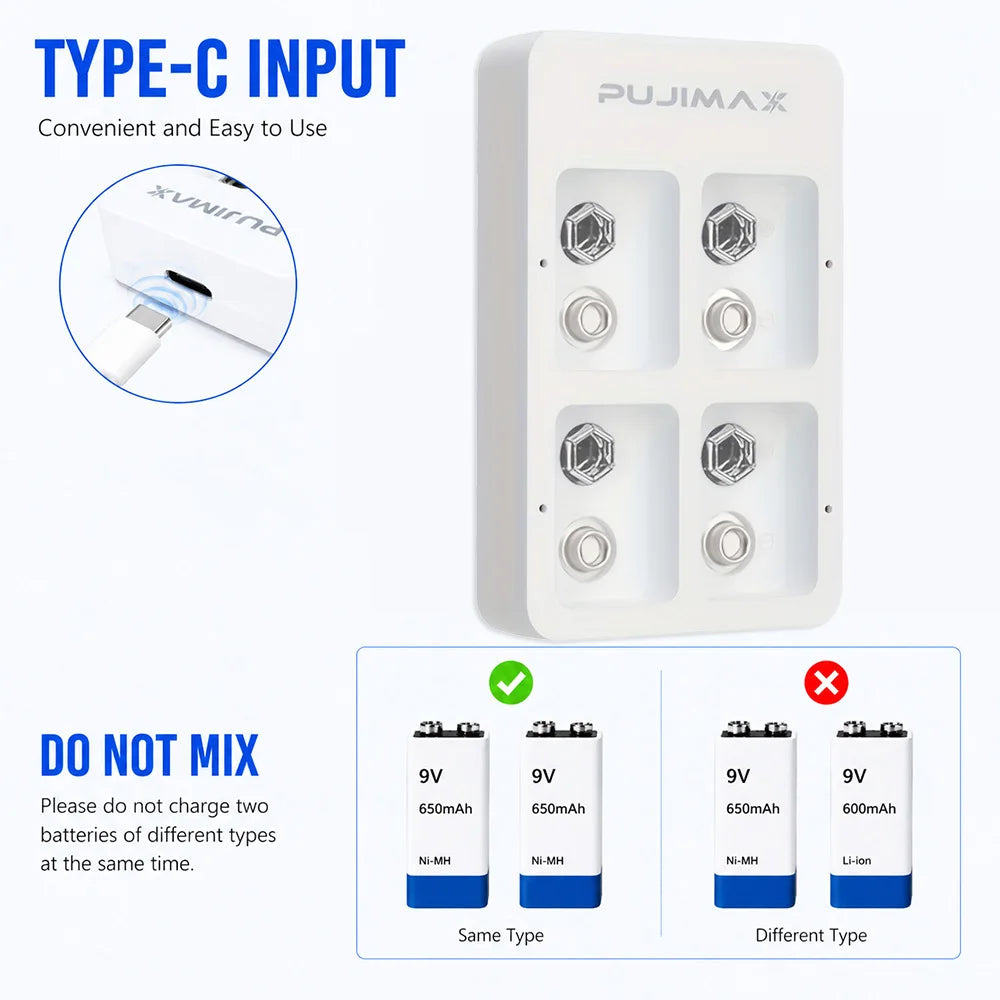 PUJIMAX 4 Slots Smart Fast Battery Charger With LED Indicators USB Cable For 9V Ni-MH/Ni-Cd/Li-ion Rechargeable Batteries