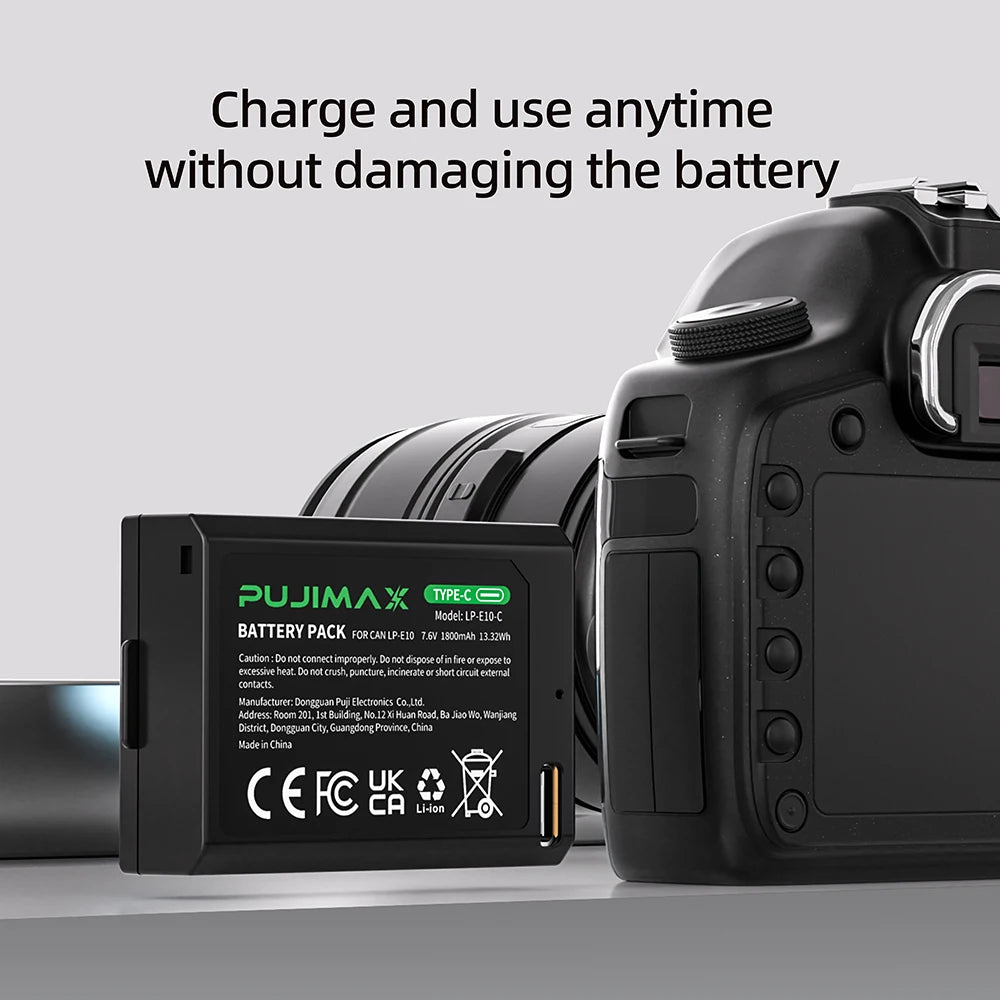 PUJIMAX New LP-E10 LPE10 LP E10 Battery With USB-C Charging Port for Canon EOS 1100D 1200D 4000D Kiss X50 X70 Rebel T3 T5 T6