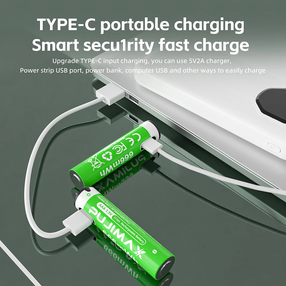 PUJIMAX USB AAA Rechargeable Batteries 1.5V 666mWh li-ion battery for remote control mouse Electric toy battery + Type-C Cable